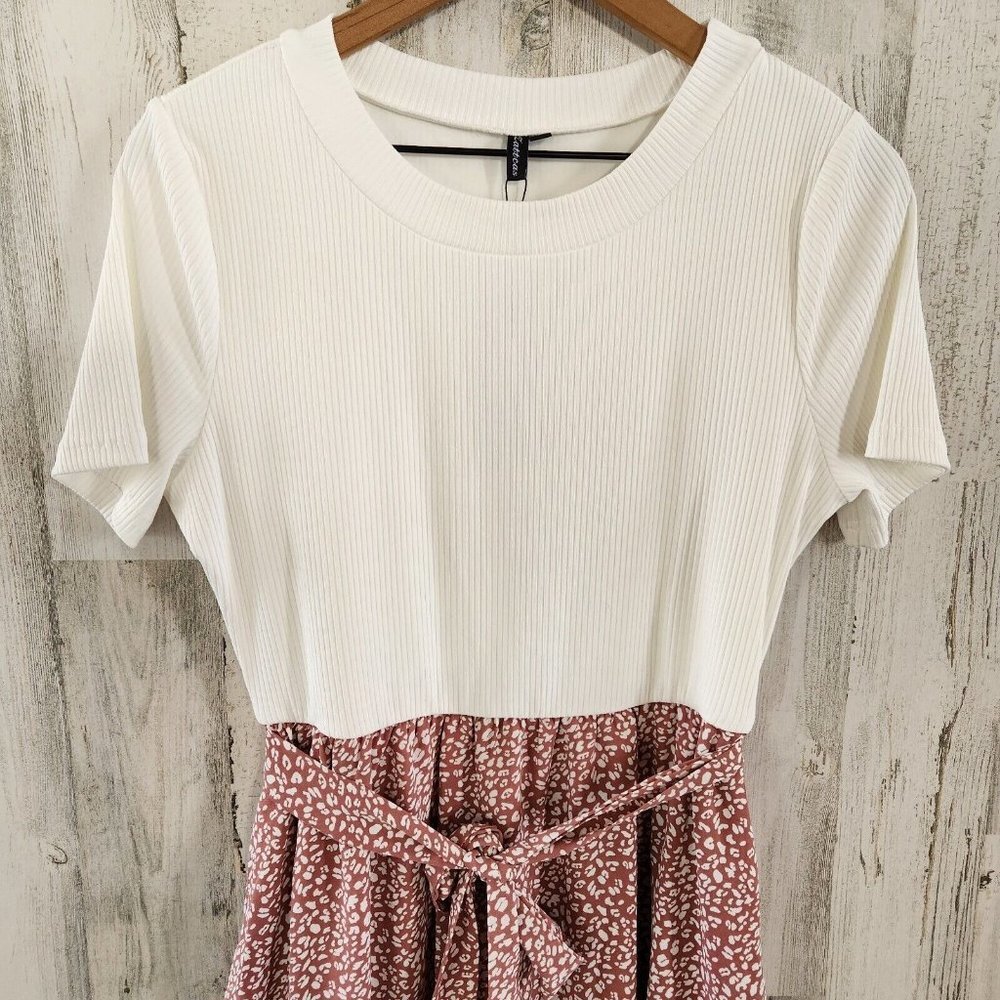 Zattcas Highneck Short Sleeve Summer MIDI Dress With Belt White Mauve Large
